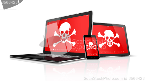 Image of Laptop tablet pc and smartphone with pirate symbols on screen. H