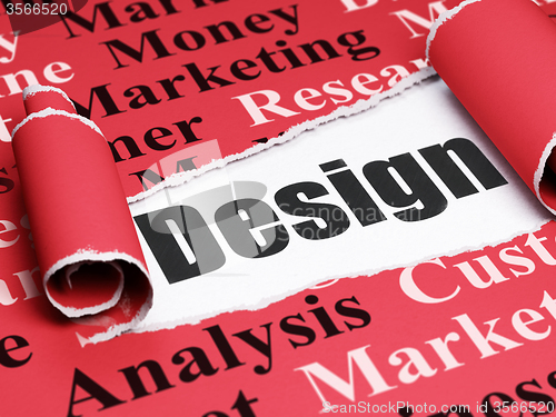 Image of Marketing concept: black text Design under the piece of  torn paper