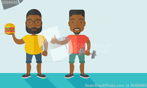 Image of Men standing with hamburger and dumbbell.