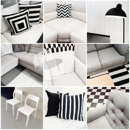 Image of Interiors with black and white furniture