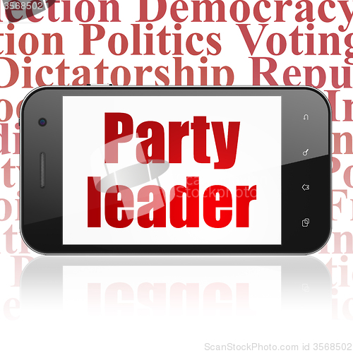Image of Politics concept: Smartphone with Party Leader on display