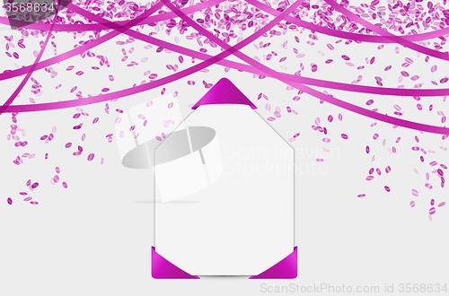 Image of blank card with confetti and ribbons