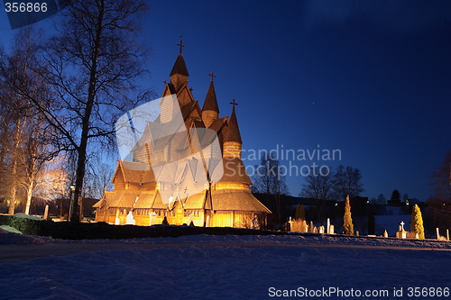 Image of Heddal Stave church by night