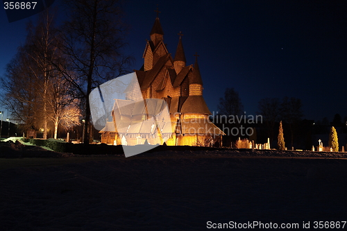 Image of Heddal Stave church at night