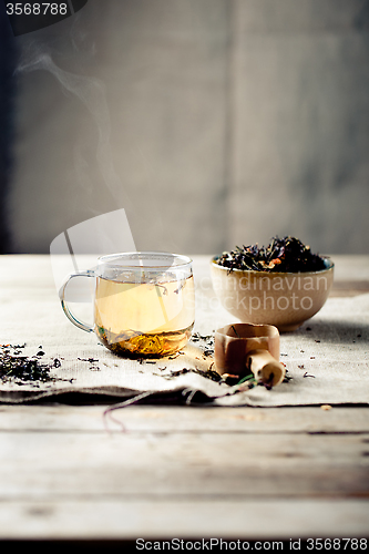 Image of Green tea in a glass cup with steam
