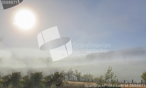 Image of Winter sun in foggy landscape