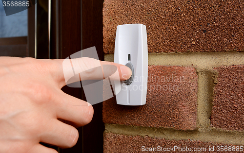 Image of Close-up of woman pressing a doorbell