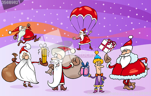 Image of cartoon group of santa clauses