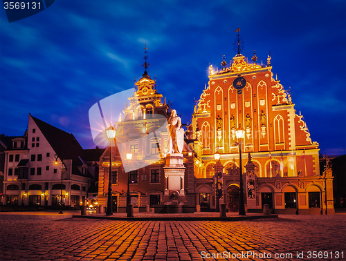 Image of Riga Town Hall Square at night, Latvia