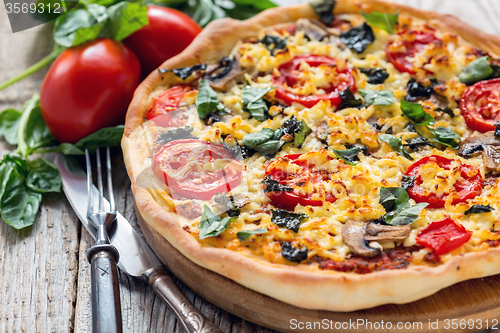 Image of Pizza with tomatoes and cheese close up.