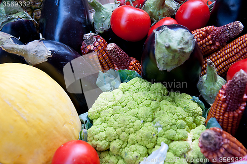 Image of Group of fruit and vegetables made up of tomatoes, eggplants, ca