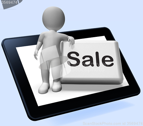 Image of Sales Button With Character Tablet Shows Promotions And Deals