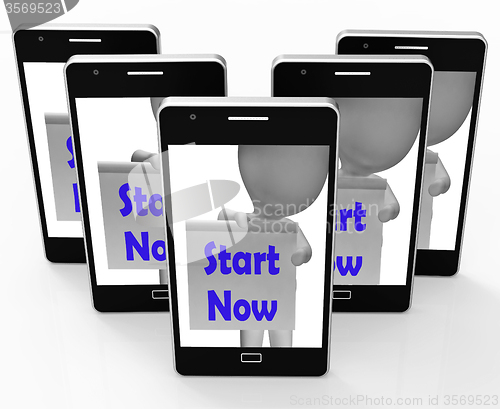 Image of Start Now Phone Shows Begin Or Do Immediately