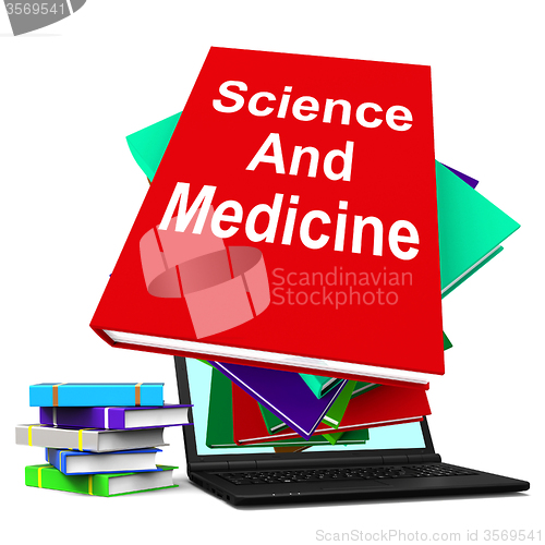 Image of Science And Medicine Book Stack Laptop Shows Medical Research