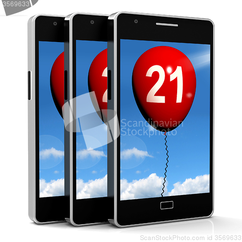 Image of 21 Balloon Phone Shows Twenty-first Happy Birthday Celebration