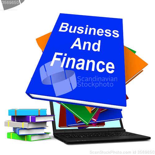 Image of Business And Finance Book Stack Laptop Shows Businesses Finances