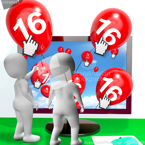 Image of Number 16 Balloons from Monitor Show Internet Invitation or Cele