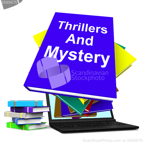 Image of Thrillers and Mystery Book Laptop Shows Genre Fiction Books