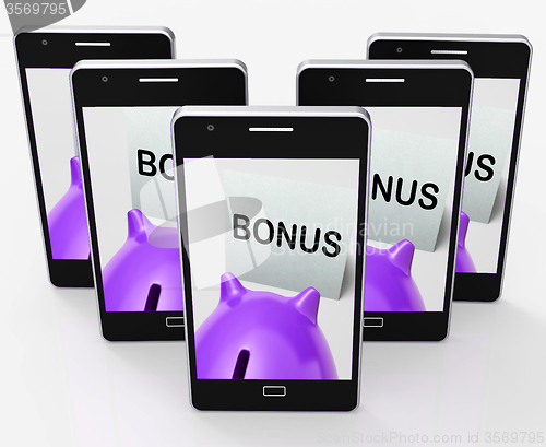 Image of Bonus Piggy Bank Shows Incentive Extra Or Premium