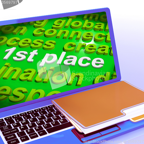 Image of First Place Word Cloud Laptop Shows 1st Winner Reward And Succes