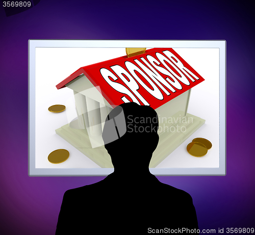 Image of Sponsor On House Or Money Box Man Means Sponsoring Home