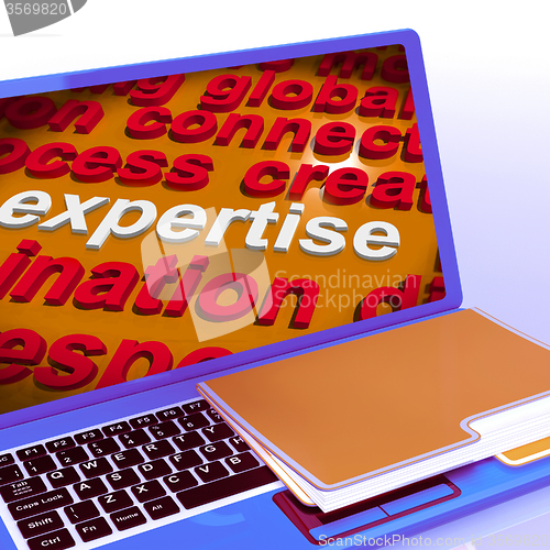 Image of Expertise Word Cloud Laptop Shows Skills Proficiency And Capabil