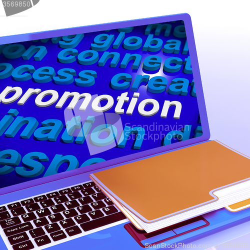 Image of Promotion Word Cloud  Laptop Shows Discount Bargain Or Mark down