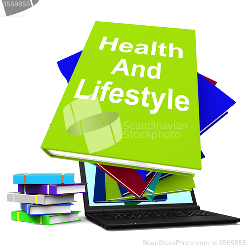 Image of Health and Lifestyle Book Stack Laptop Shows Healthy Living