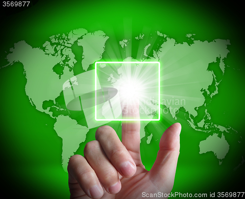 Image of Hand Touch Touchscreen On World Map Shows Internet Web