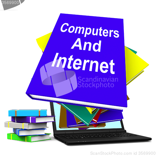 Image of Computers And Internet Book Stack Laptop Shows Web Research