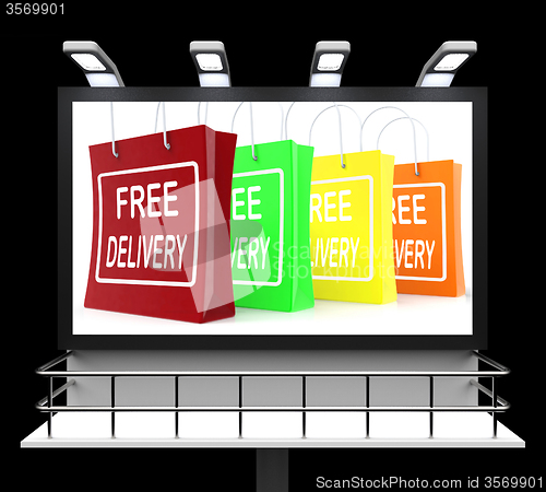 Image of Free Delivery Shopping Sign Showing No Charge Or Gratis To Deliv