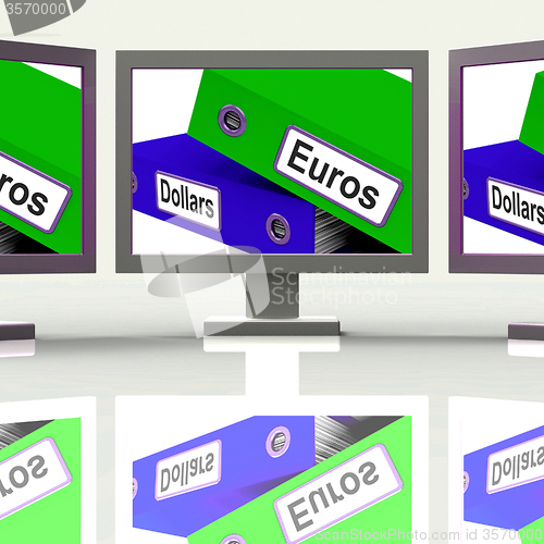 Image of Dollar And Euros Folders Screen Show Global Currency Exchange