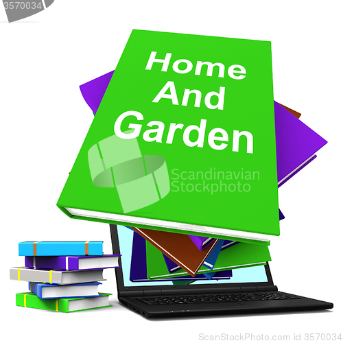 Image of Home And Garden Book Stack Laptop Shows Books On Household Garde