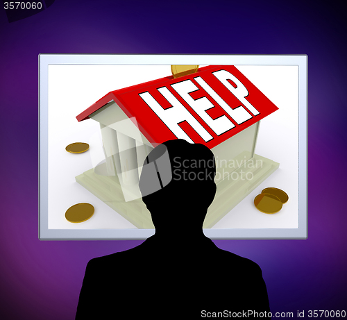Image of Help on House Or Money Box Man Means Loan Assistance