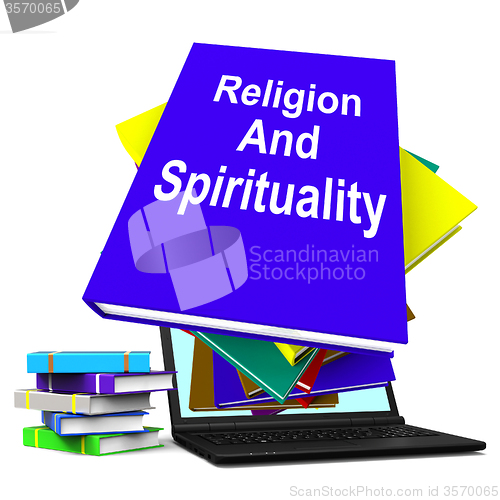 Image of Religion And Spirituality Book Laptop Stack Shows Religious Spir