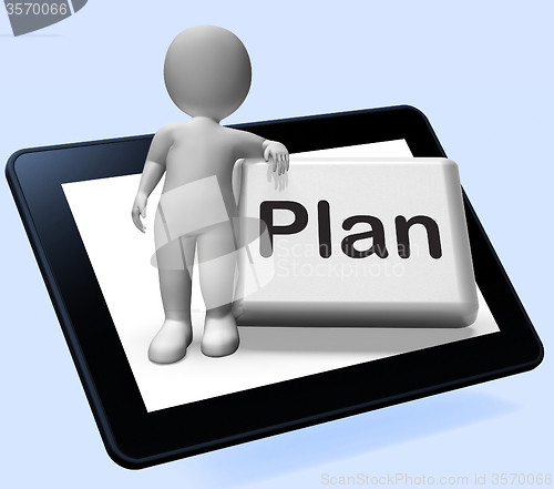 Image of Plan Button With Character Shows Objectives Planning And Organiz