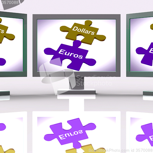 Image of Dollars Euros Puzzle Screen Means International Money Exchange