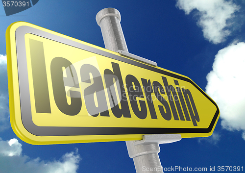 Image of Yellow road sign with leadership word under blue sky