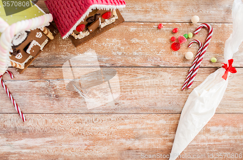 Image of closeup of beautiful gingerbread houses at home