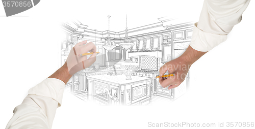 Image of Two Male Hands Sketching Beautiful Custom Kitchen