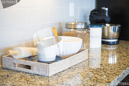 Image of Marble Kitchen Counter Top, Subway Tile Backsplash and Baking Ac