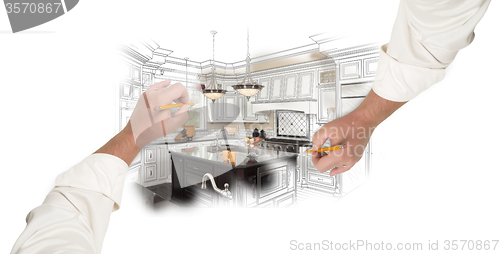 Image of Two Male Hands Sketching Custom Kitchen with Photo Showing Throu