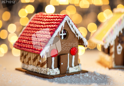 Image of closeup of beautiful gingerbread houses at home