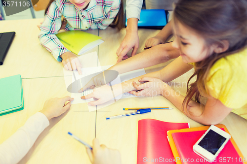 Image of group of school kids pointing fingers to test