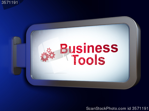 Image of Finance concept: Business Tools and Gears on billboard background