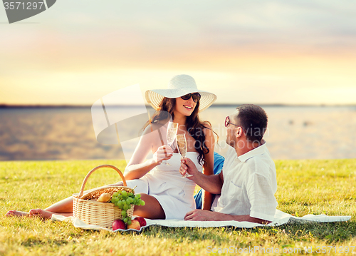 Image of happy couple drinking champagne on picnic