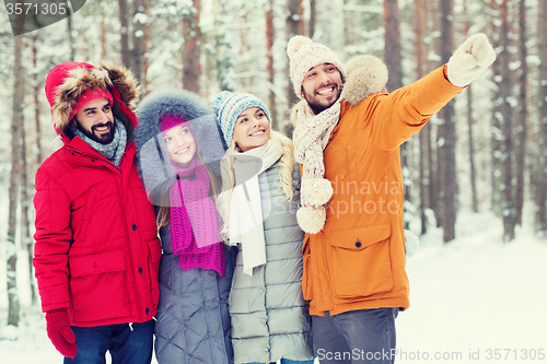 Image of group of smiling men and women in winter forest