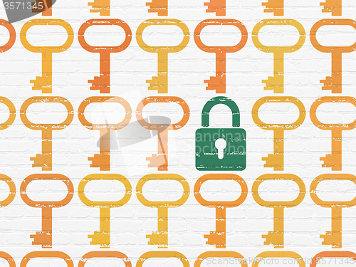 Image of Protection concept: closed padlock icon on wall background