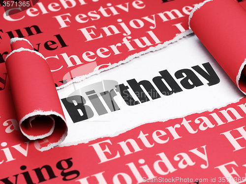 Image of Holiday concept: black text Birthday under the piece of  torn paper