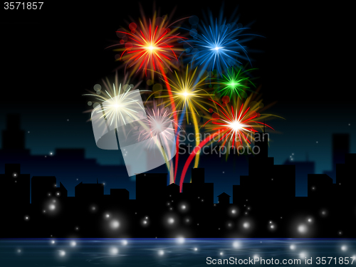 Image of Fireworks Evening Shows Explosion Background And Buildings